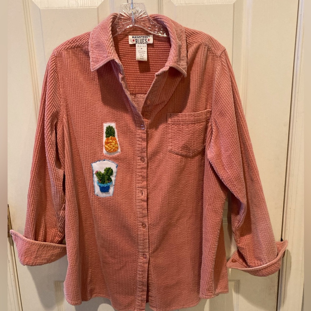 Boho Fall Southwest Patched Quirky Soft Corduroy Shirt Unique Coral Relaxed MED